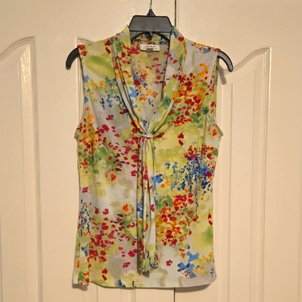Tahari Cream Blouse with Tie Front and Mandarin Collar